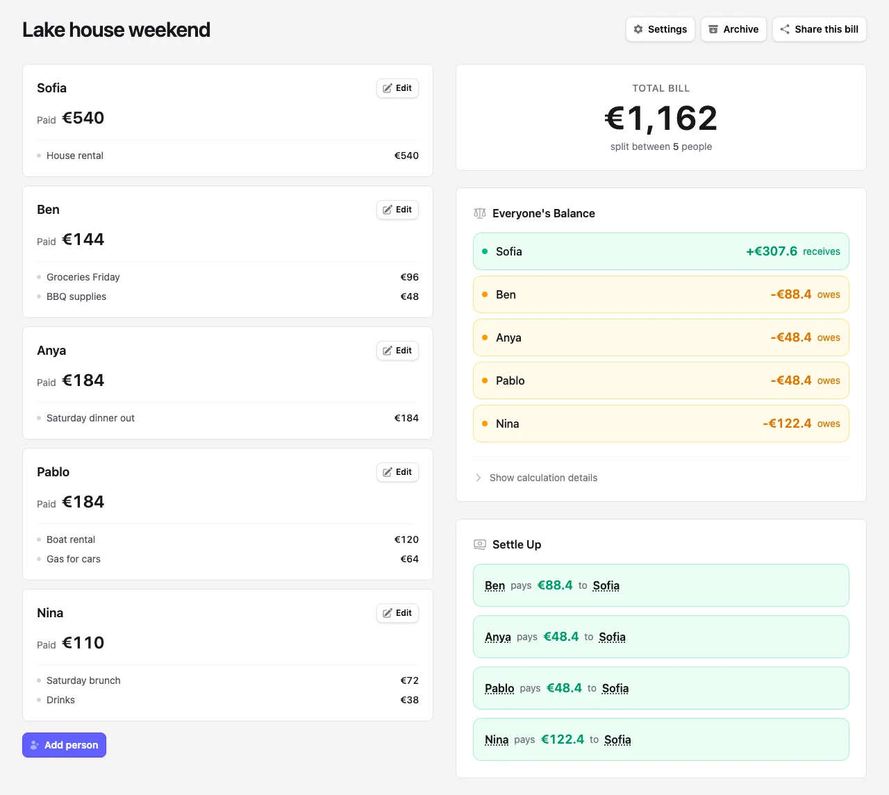 Repartim showing a for events bill with line items, balances, and settle-up suggestions