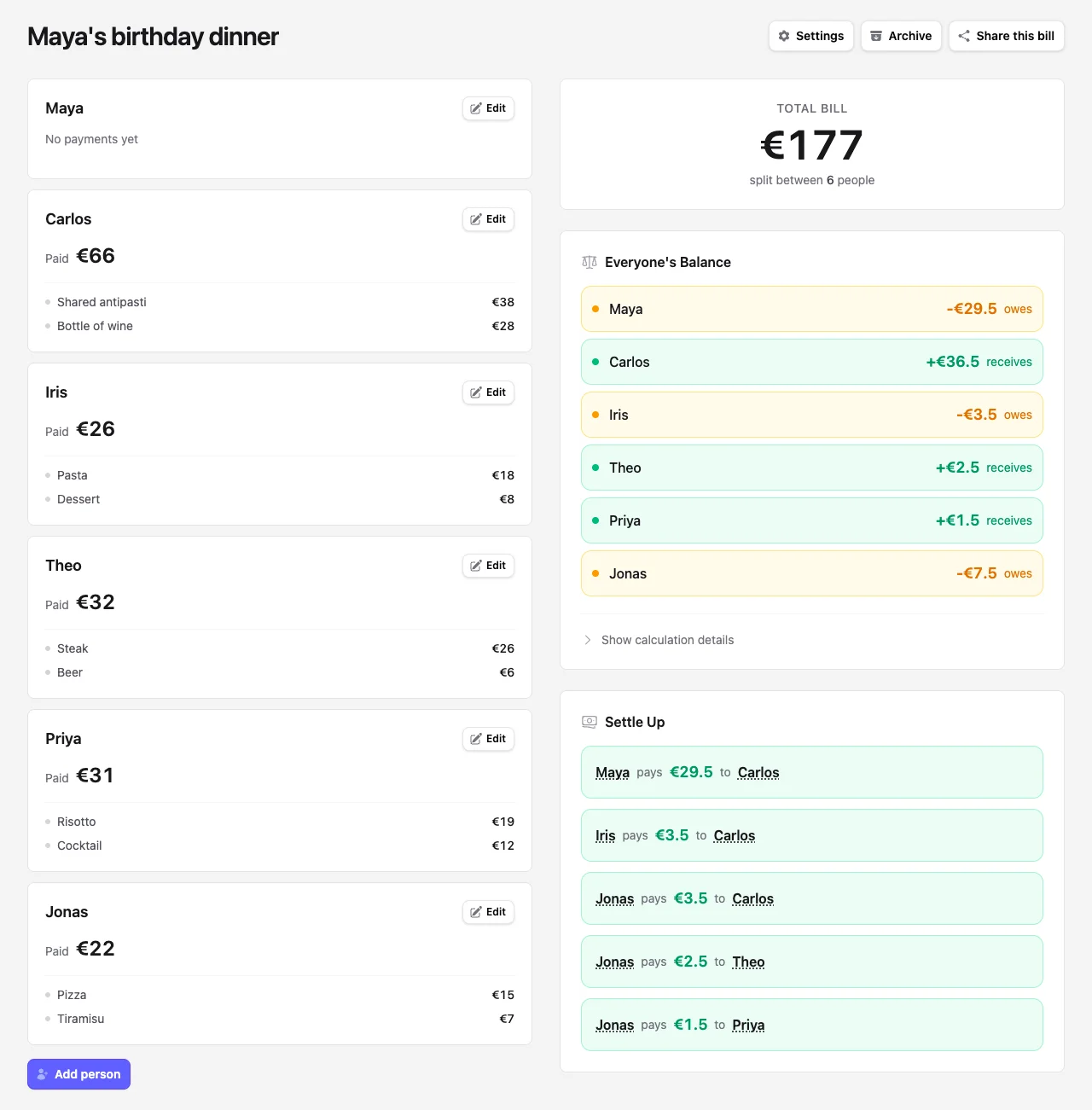 Repartim showing a for group dinners bill with line items, balances, and settle-up suggestions
