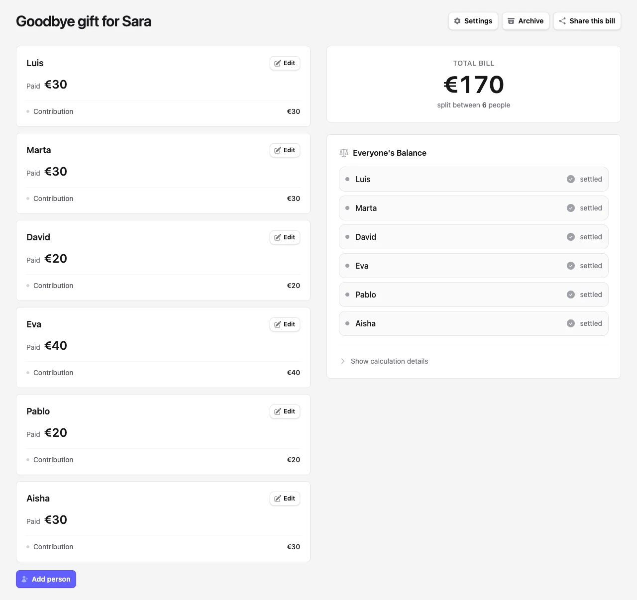 Repartim showing a for group gifts bill with line items, balances, and settle-up suggestions