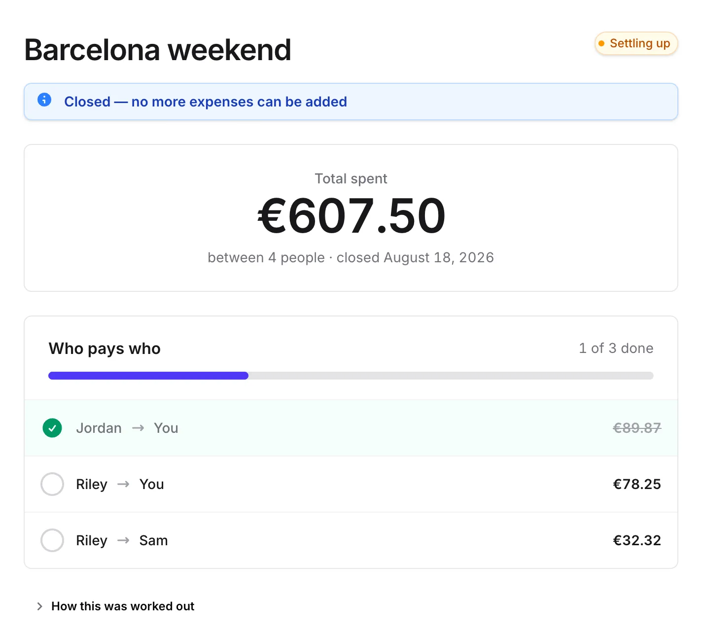 Un esdeveniment tancat a Repartim: qui paga a qui, com una llista de tasques amb un pagament ja marcat