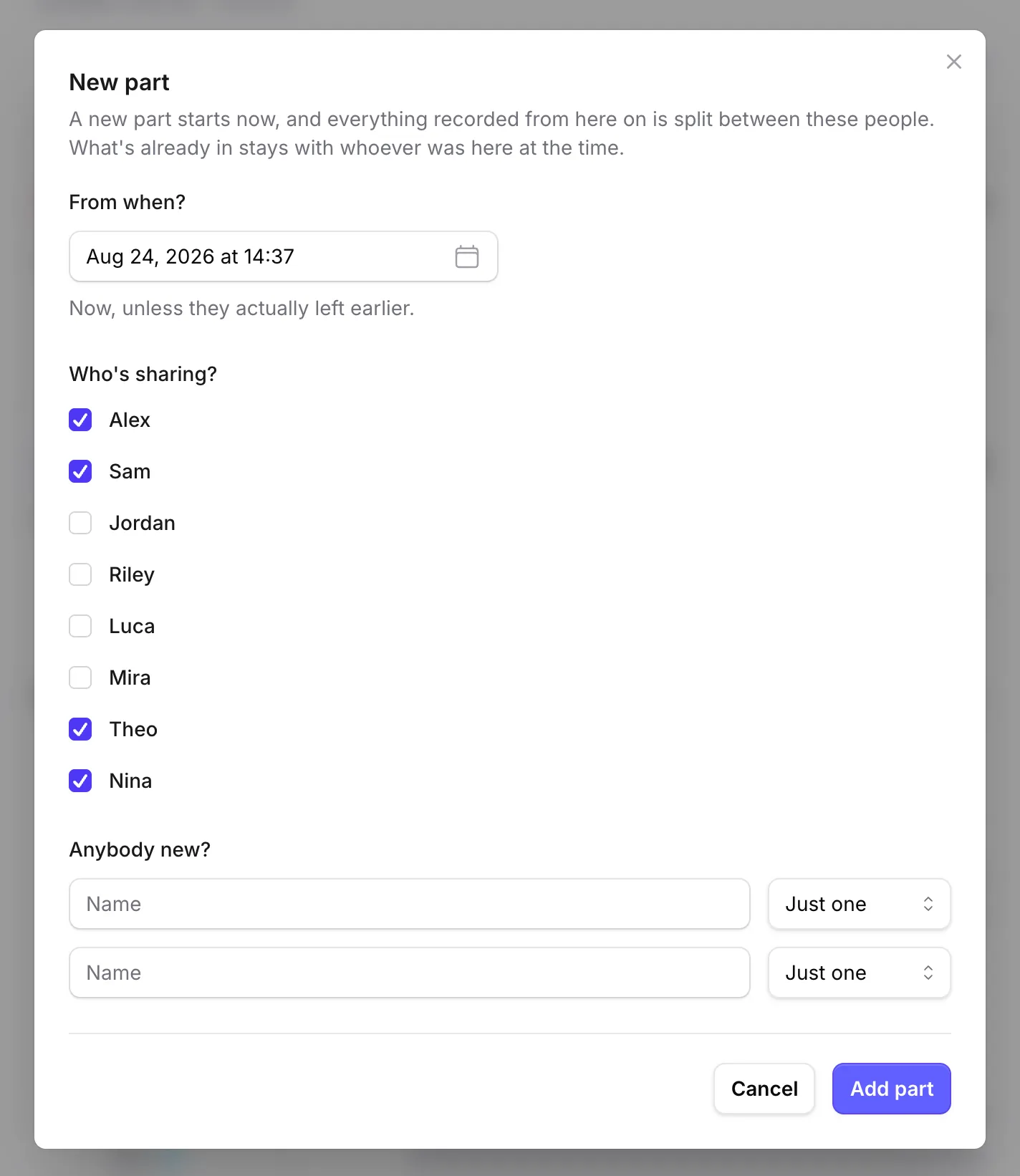 El full «Part nova» de Repartim: les persones que comparteixen ara mateix com una llista de caselles, un camp per a qui sigui nou i quan comença la part nova