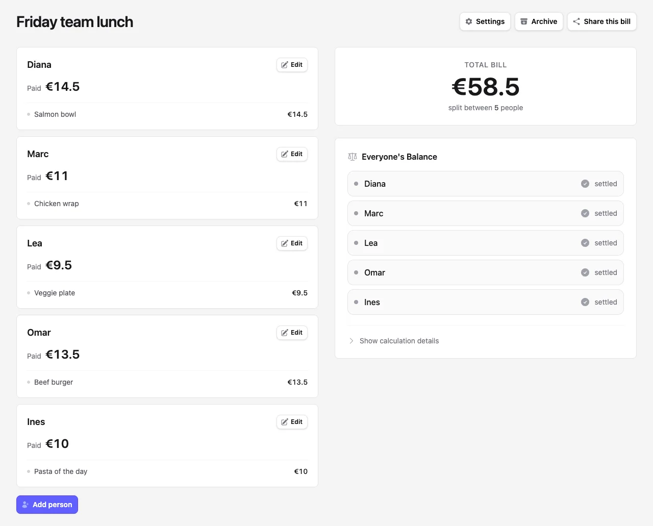Repartim showing a for office lunches bill with line items, balances, and settle-up suggestions