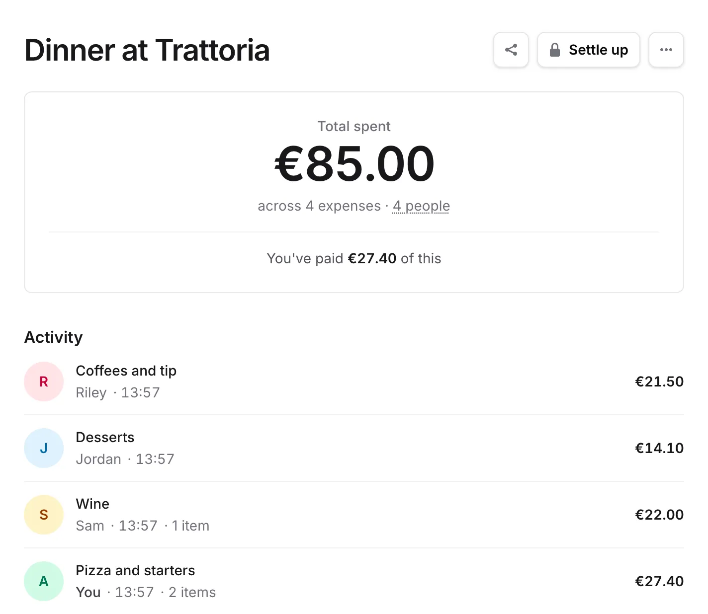 Un sopar de restaurant a Repartim: el total gastat fins ara i un historial de qui ha pagat què