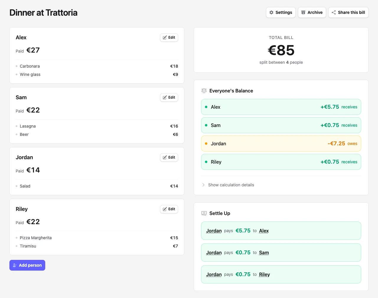 Repartim showing a for restaurants bill with line items, balances, and settle-up suggestions