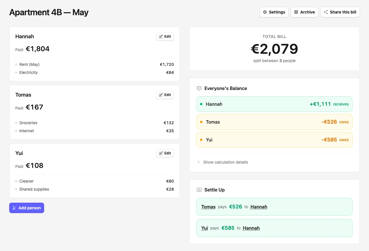 Repartim showing a for roommates bill with line items, balances, and settle-up suggestions