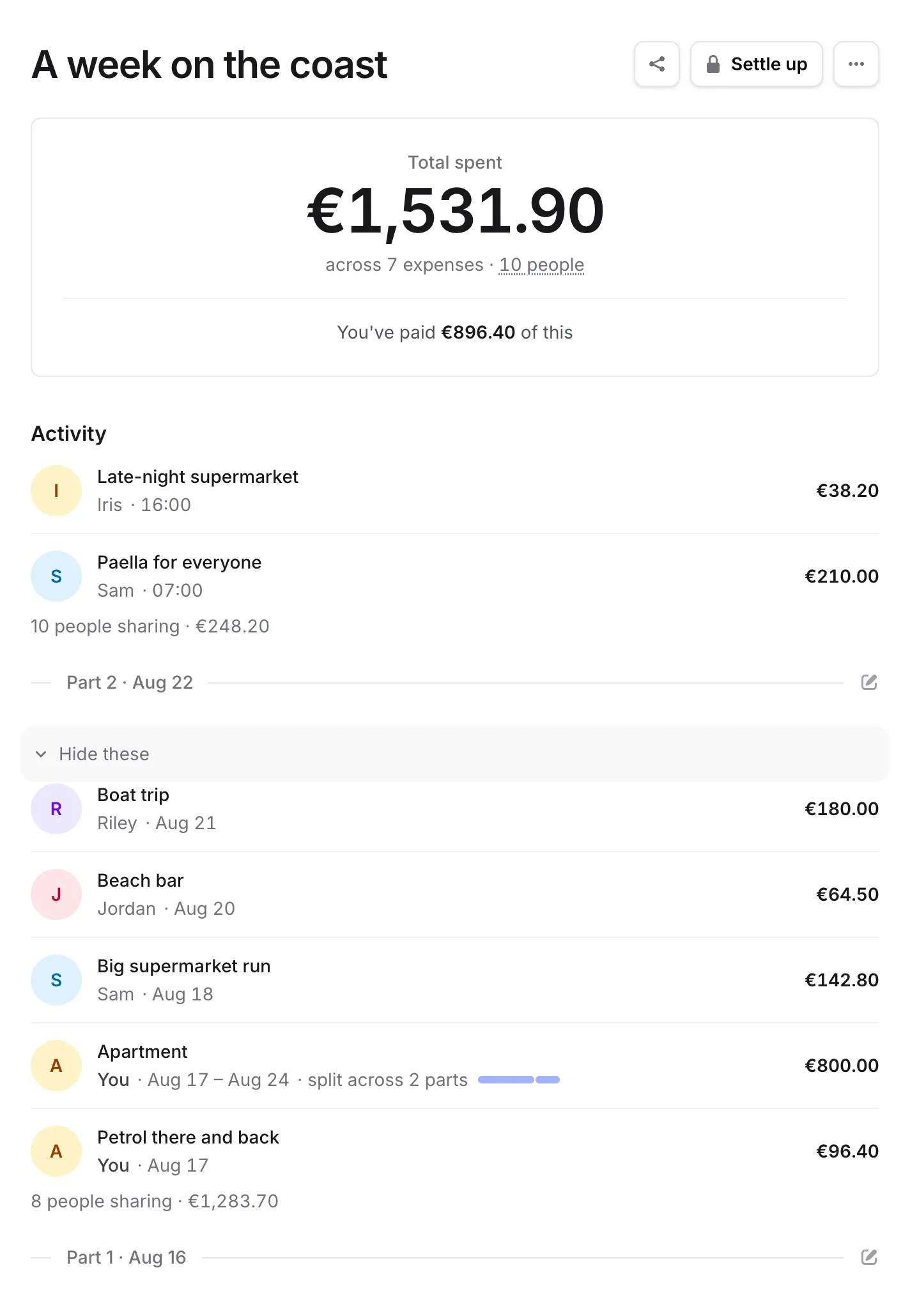 Un viaje de una semana en Repartim: el total gastado y un historial en el que el apartamento aparece cubriendo ocho noches repartidas en dos tramos del viaje