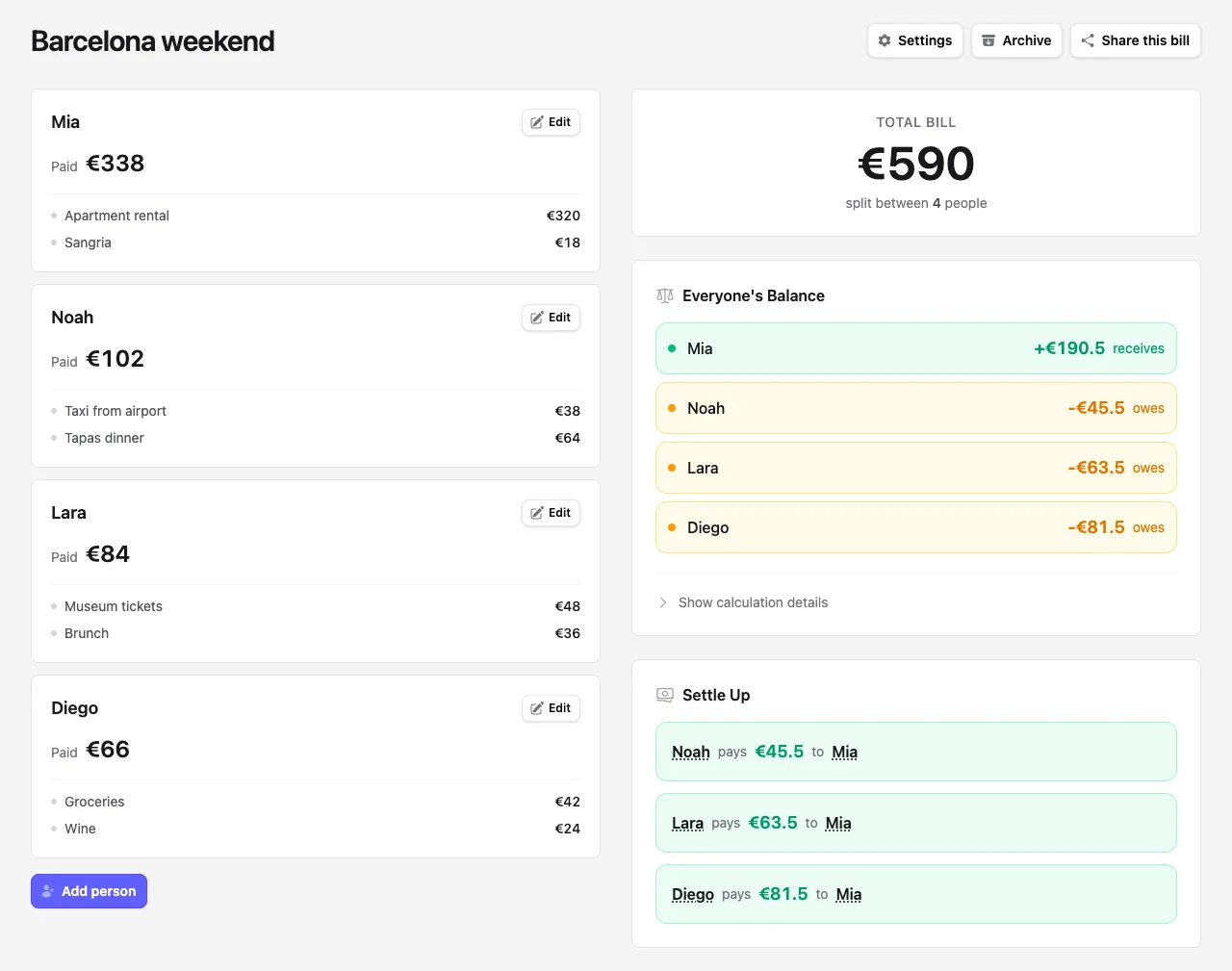 Repartim showing a for travel bill with line items, balances, and settle-up suggestions